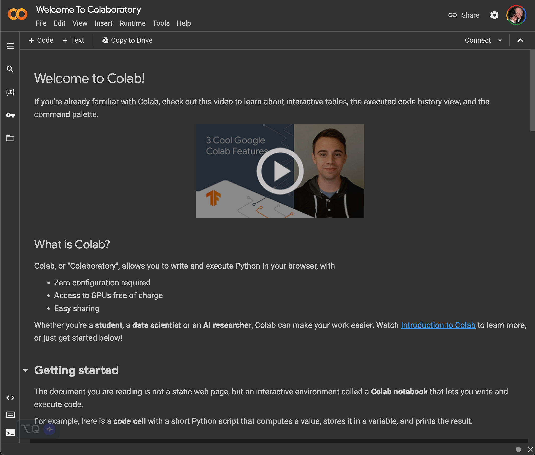 Google Colab welcome page