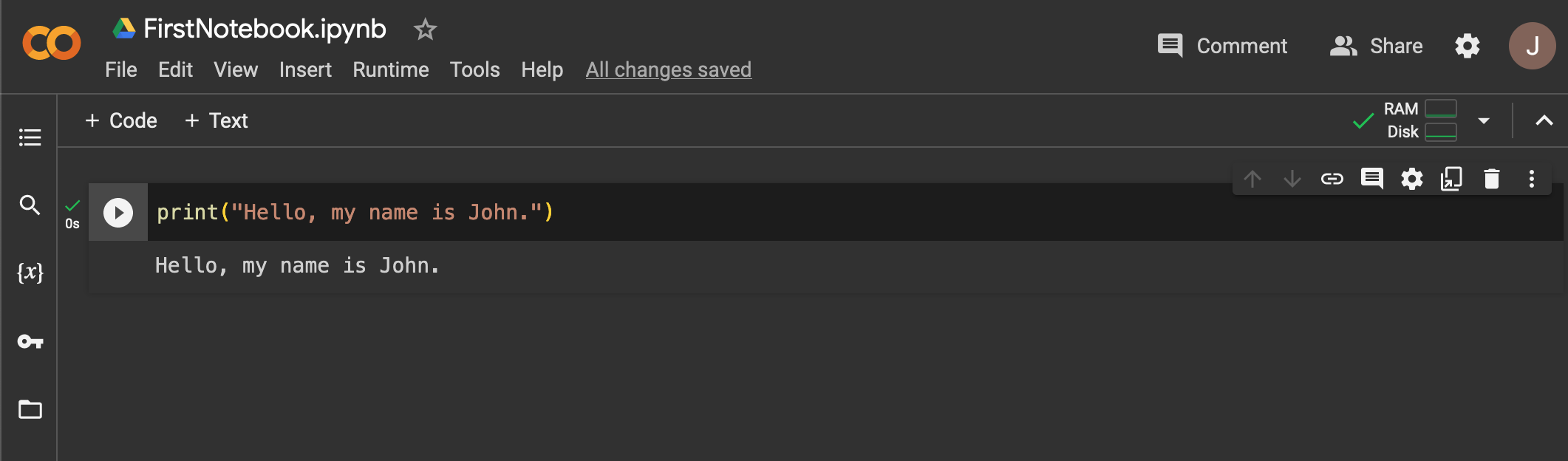Running a Python print statement in Google Colab