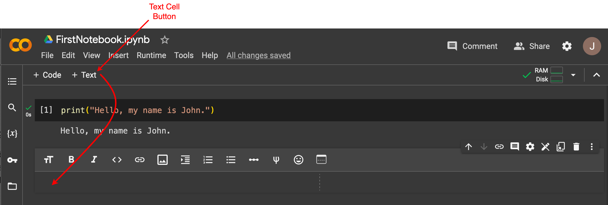 Adding a text cell in Google Colab