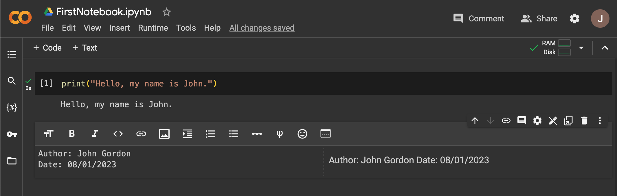 Author and date in a text cell
