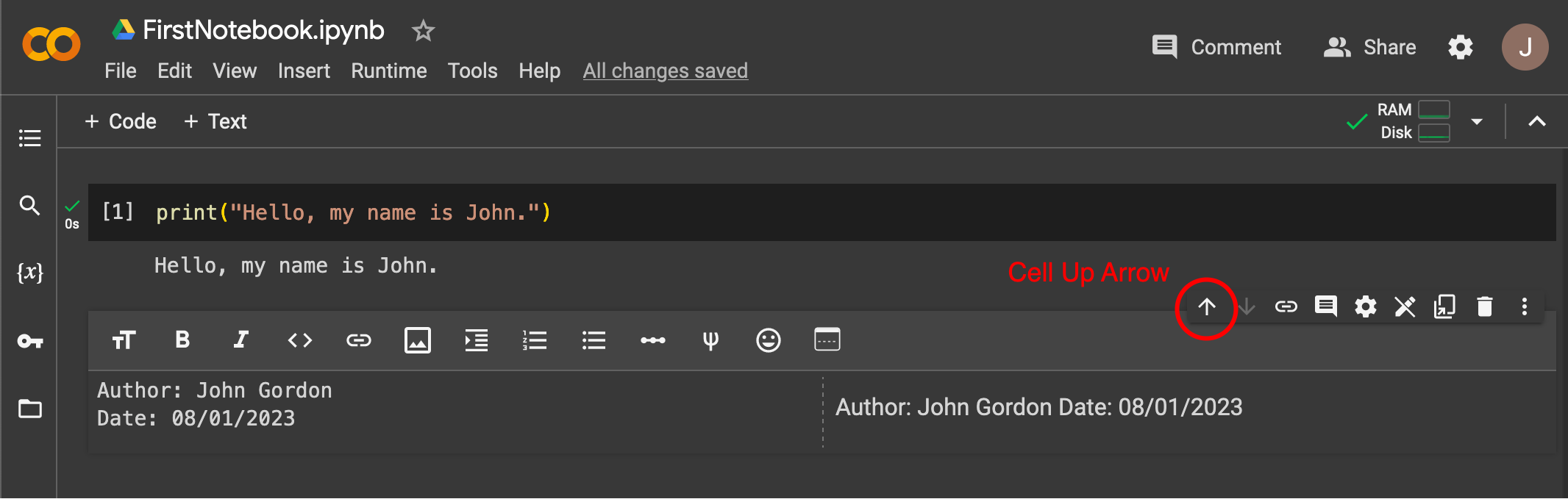 Moving a text cell in Google Colab